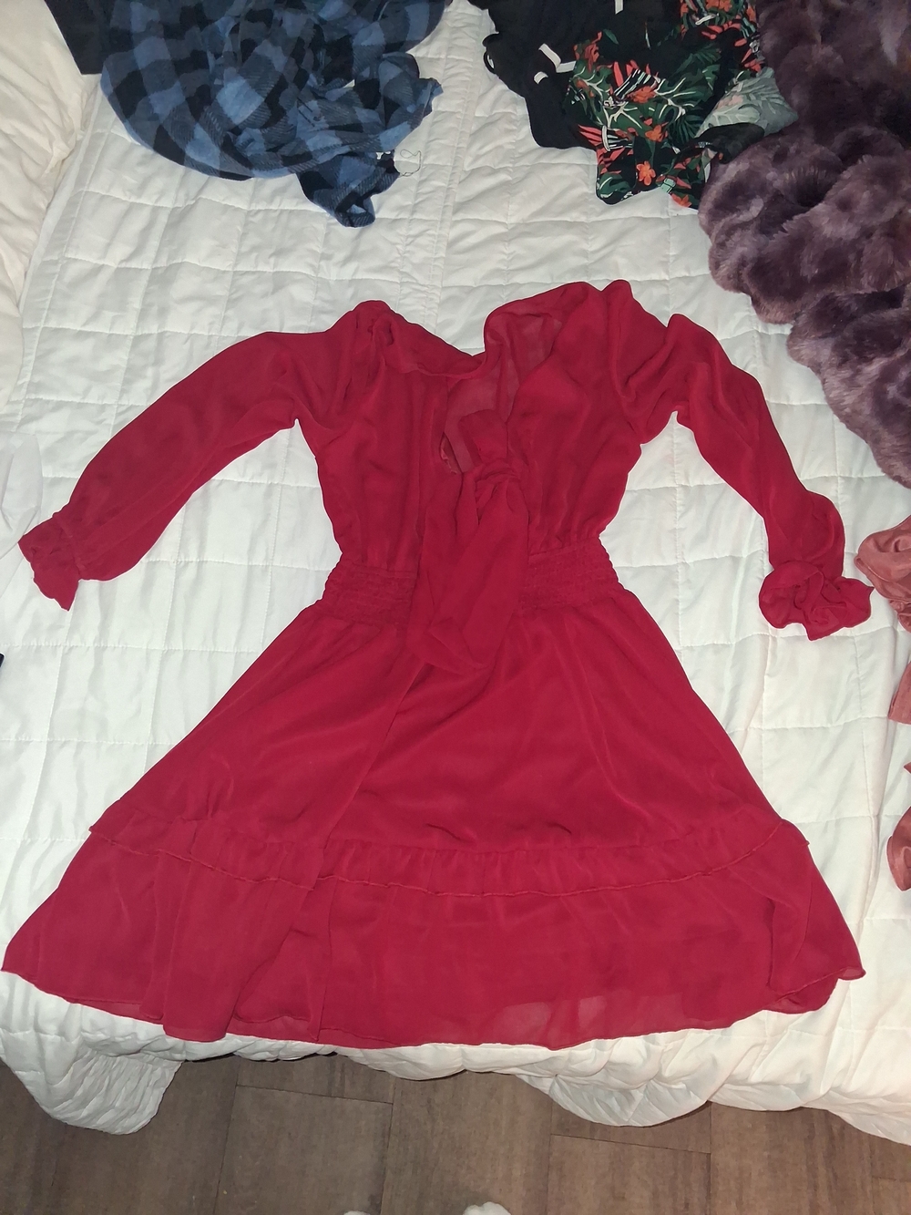 Red Ruffled Long-Sleeve Mini Dress